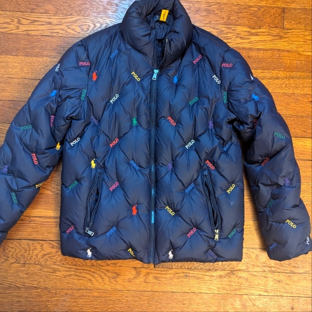 Navy Blue Ralph Lauren Puff Down Logo Jacket For Girls Size 12-14
